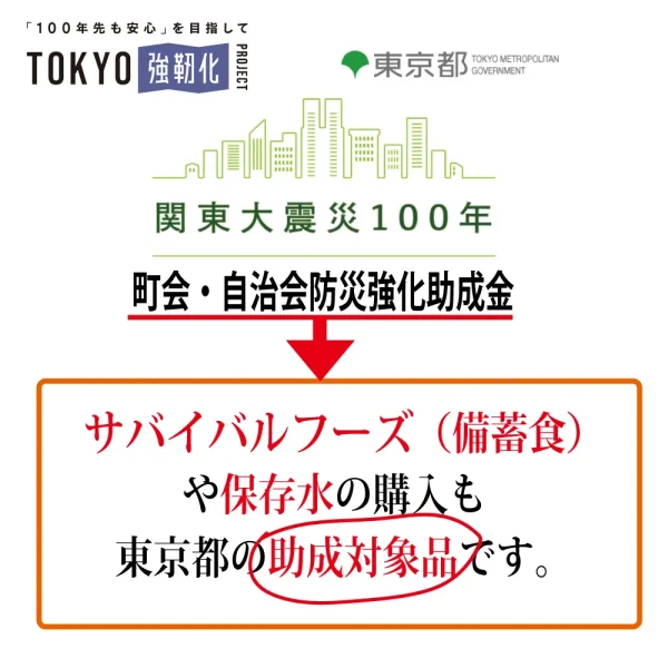 東京都「関東大震災100年 町会・自治会防災強化助成金」でサバイバルフーズをお買い求めいただけます
