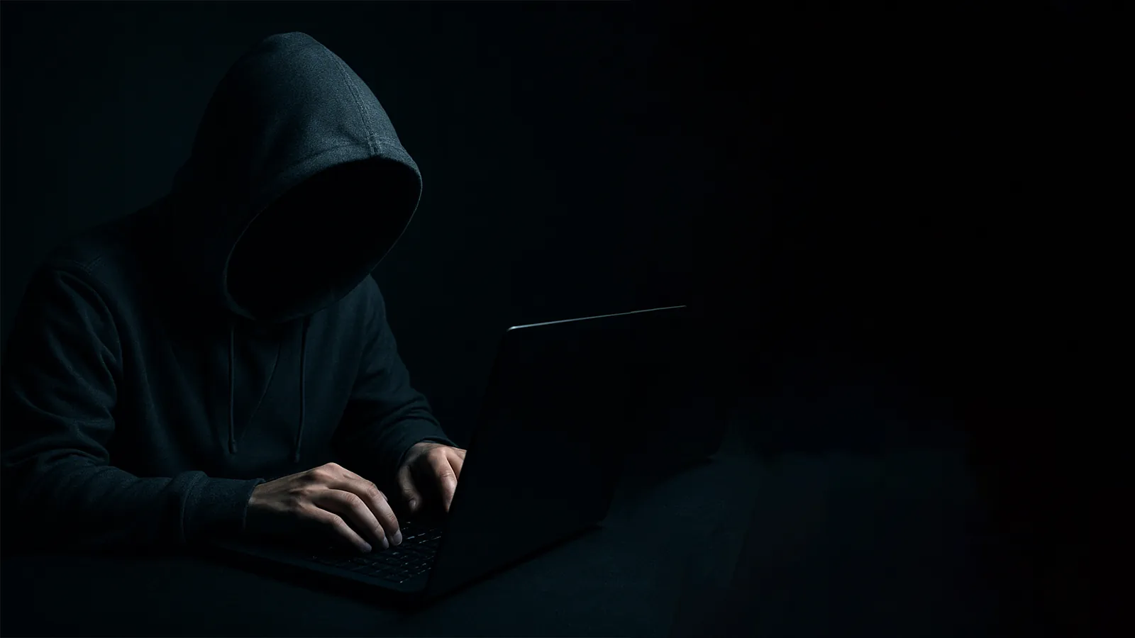 フードを被った顔の見えない人物がパソコンを操作している